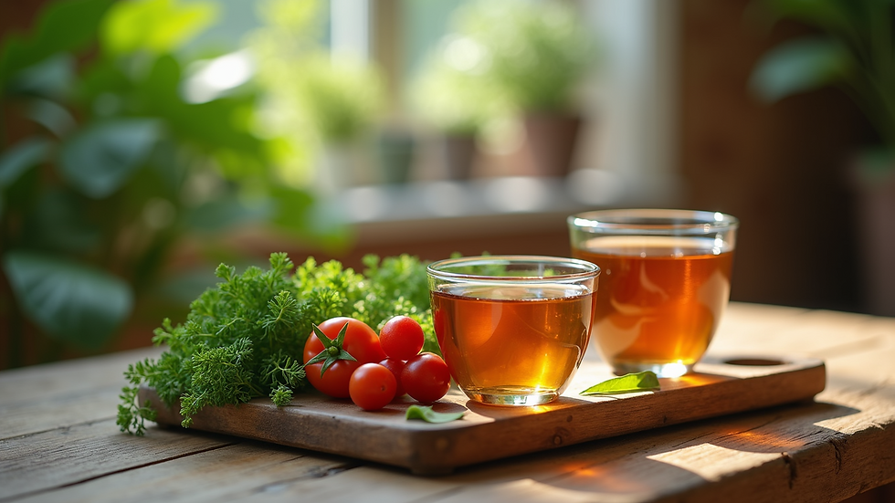 Eye-level view of a wooden table with fresh vegetables and herbal teas