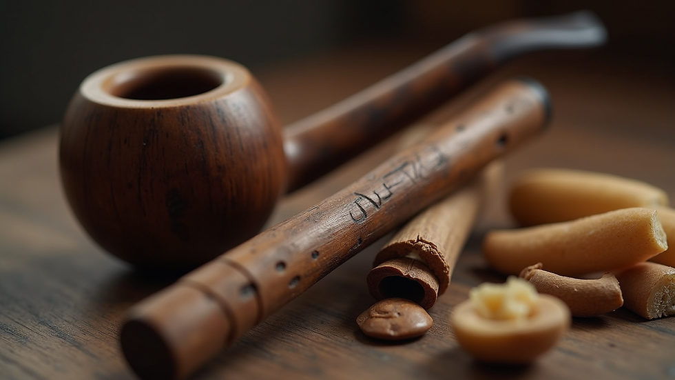 Close-up view of a traditional wooden pipe used for ceremonial purposes