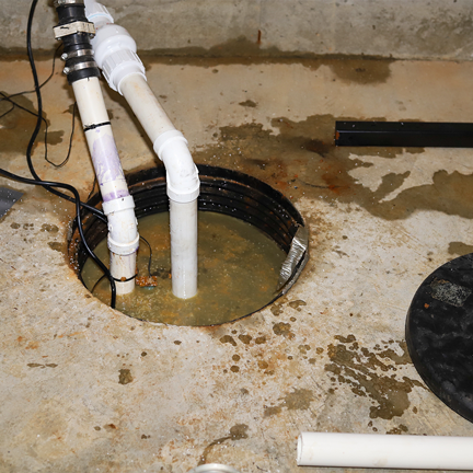 Basement floor with an open sump pit, PVC pipes, and murky water; wet concrete stains suggest a leak or drainage work.