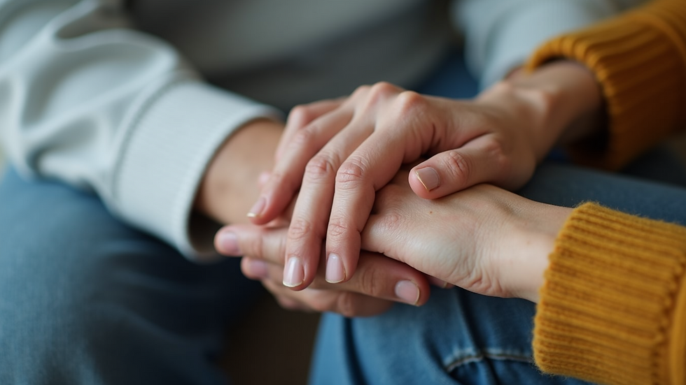 Close-up view of a caregiver’s hand gently holding a senior’s hand