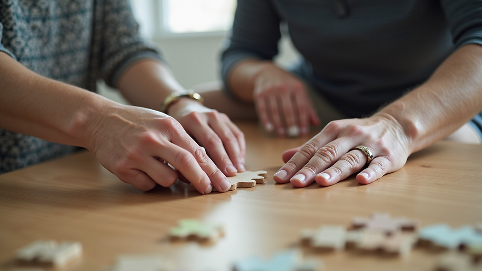 Close-up view of a caregiver gently assisting an elderly person with a puzzle