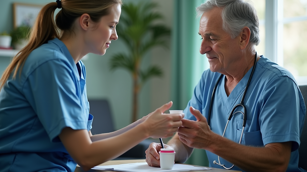 Close-up view of a caregiver assisting a veteran with medication management