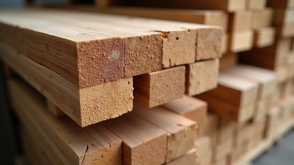 High angle view of stacked FSC-certified timber planks