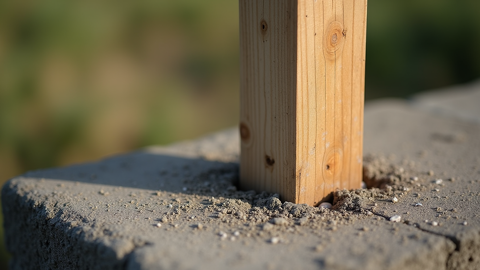 Close-up view of timber fence post being set in concrete