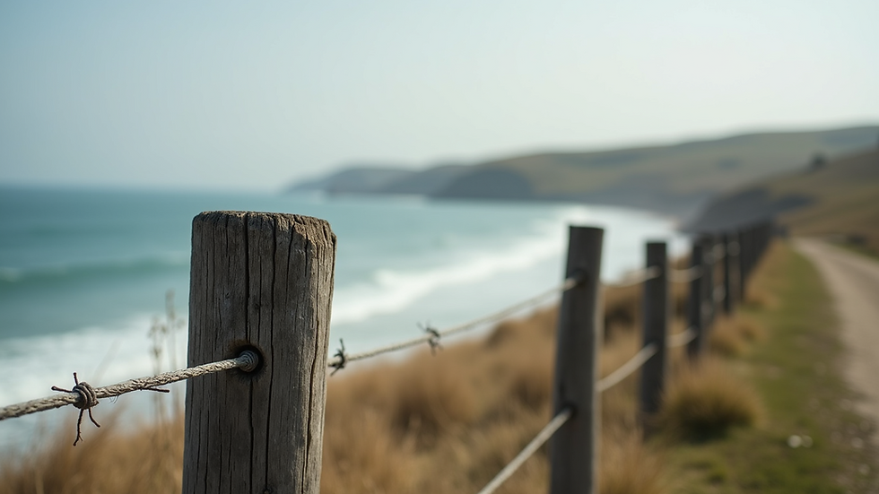 Close-up of timber fence post with coastal background