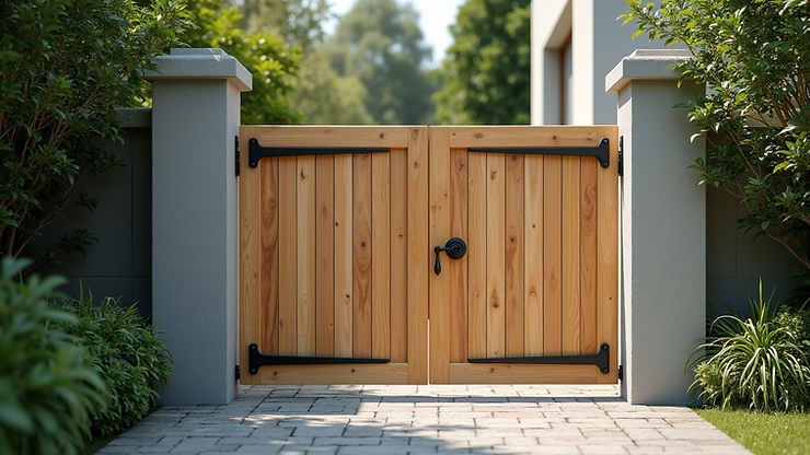 High angle view of wooden gate installation with concrete posts