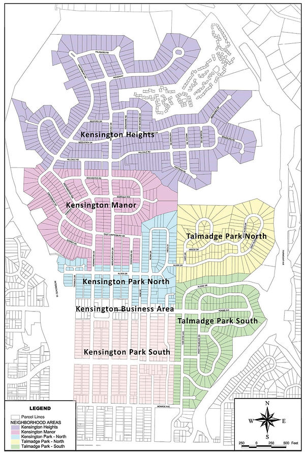 Proposed Kensington Historic District map consisting of 1,642 buildings in 7 sites. The Historic District encompasses the Kensington mesa, north of Monroe.