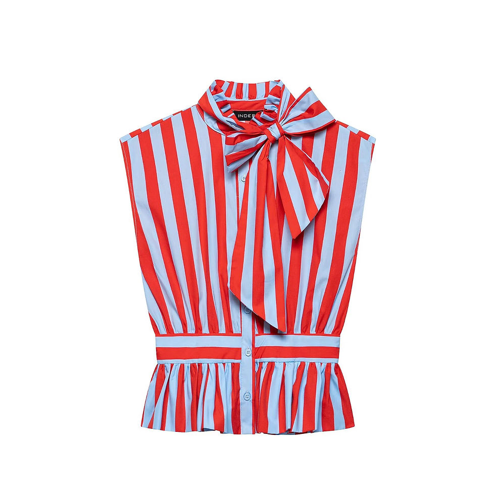 Thumbnail: EDSA Women Striped Sleeveless Shirt with Bow Tie Ruffle Trims Button-up Front Si