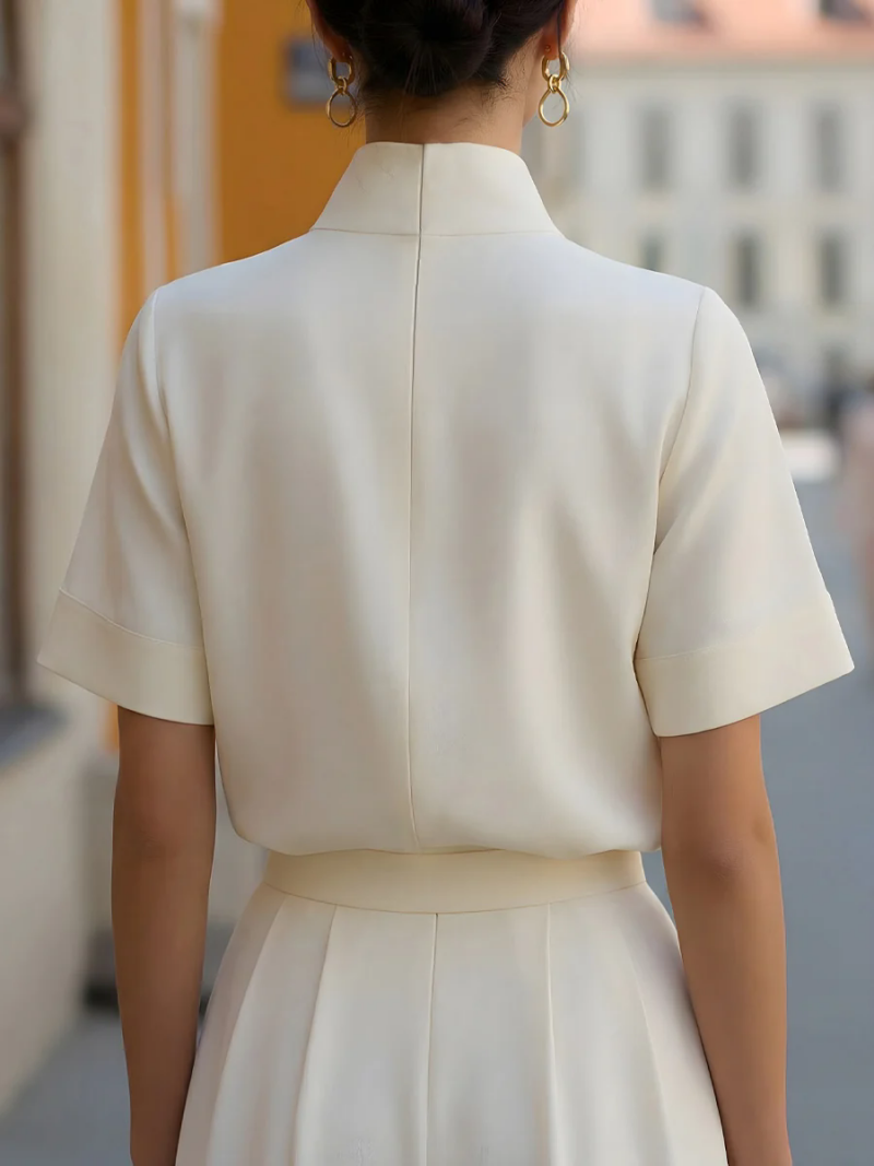 Thumbnail: Split Neck Short Sleeve Blouse Women Elegant Stand Collar Half Sleeve Top Office