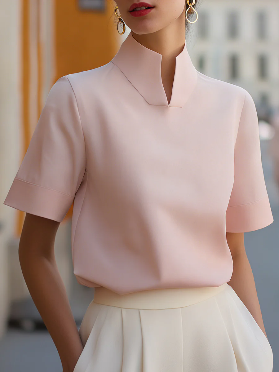 Thumbnail: Split Neck Short Sleeve Blouse Women Elegant Stand Collar Half Sleeve Top Office