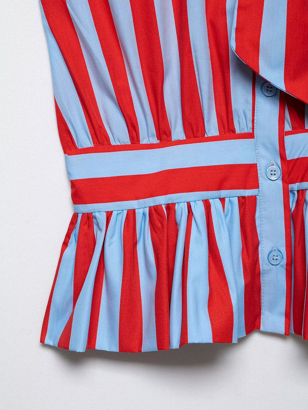 Thumbnail: EDSA Women Striped Sleeveless Shirt with Bow Tie Ruffle Trims Button-up Front Si