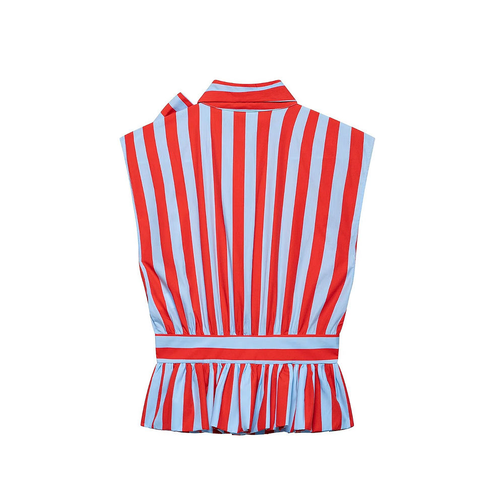 Thumbnail: EDSA Women Striped Sleeveless Shirt with Bow Tie Ruffle Trims Button-up Front Si