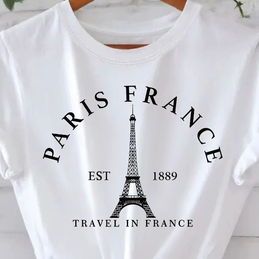 Thumbnail: Vintage Elegant O-neck Short Sleeved T-shirt Paris Tower Best-selling hot women'