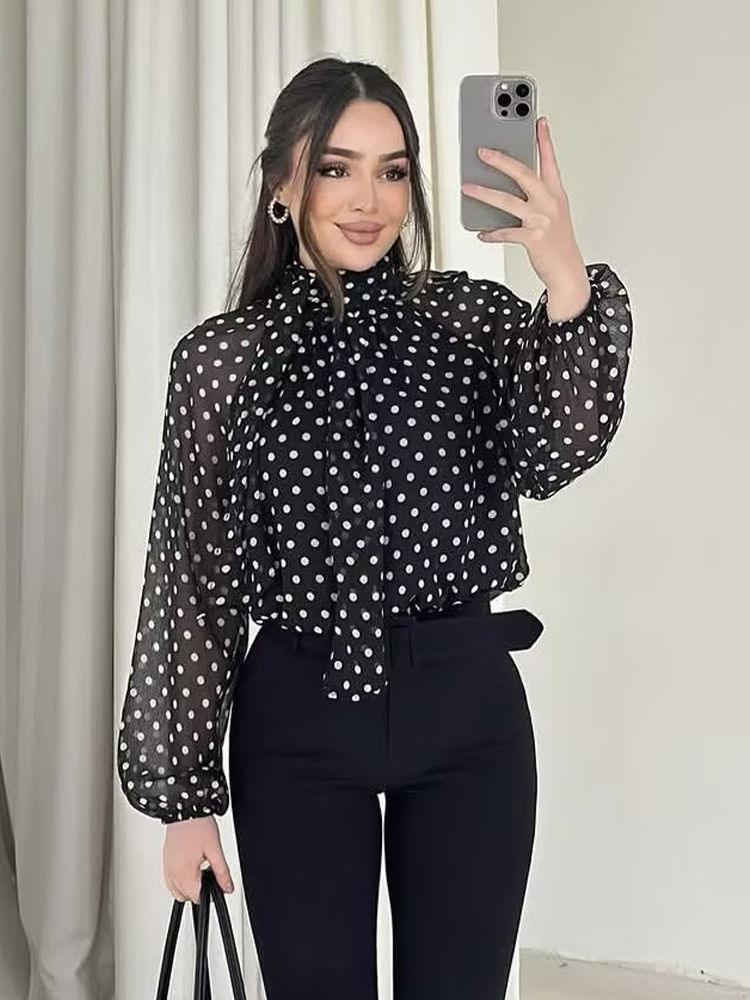 Thumbnail: Women Polka Dot Print Blouse Casual High Collar Long Sleeve Lady Top Simple Wome