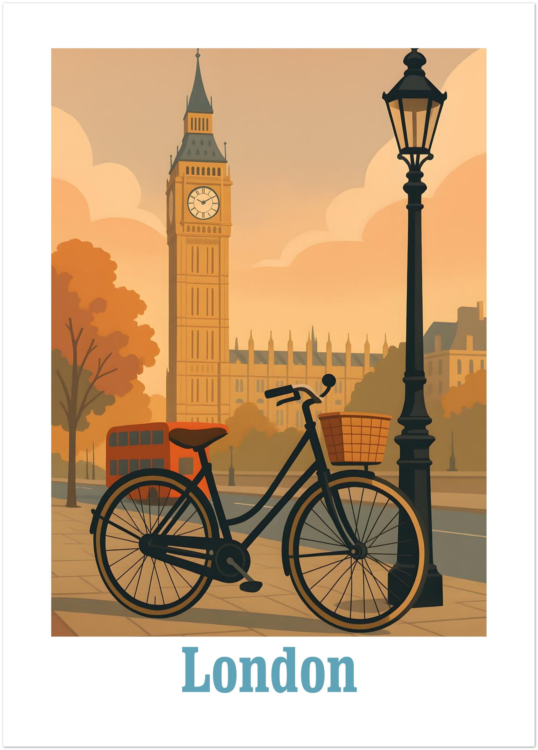 Minimalist city bike poster with a vintage bicycle and London skyline in the background, United Kingdom
