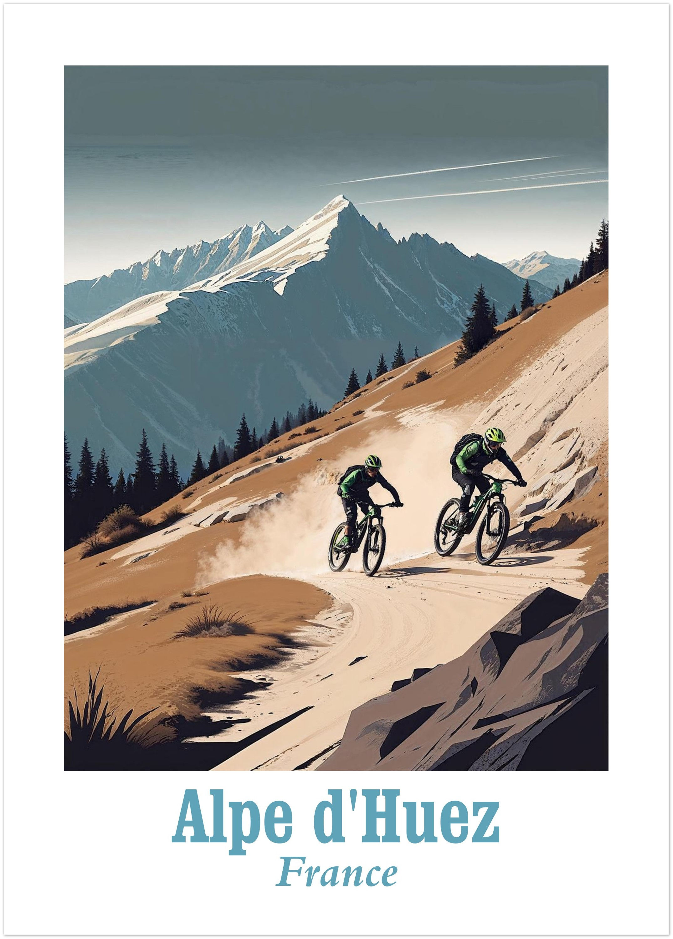 Minimalist vector poster of a legendary cycling climb in Alpe d’Huez, France — iconic mountain road in clean graphic style