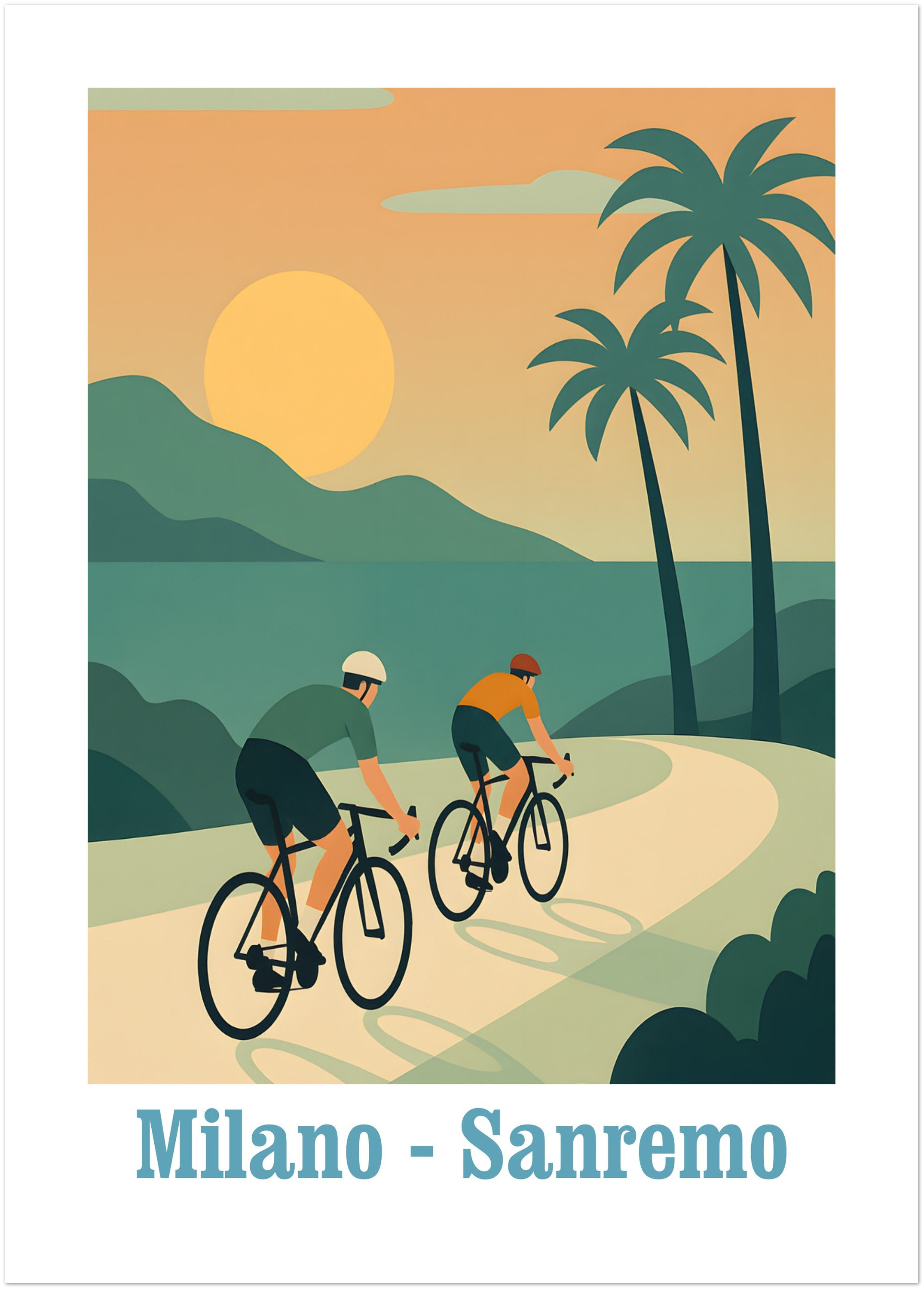 Minimalist cycling poster of the Milan–San Remo route with clean coastal-themed design