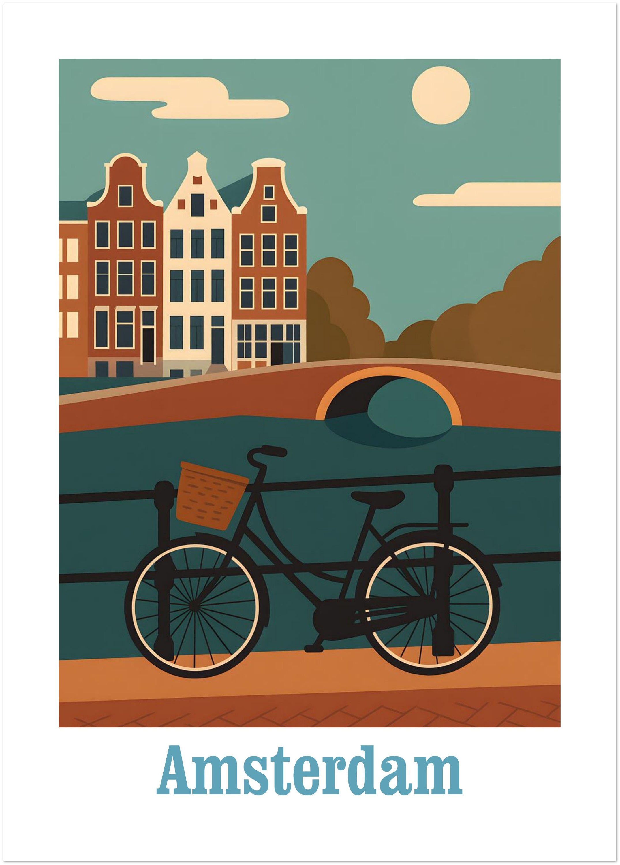 Modern bicycle print gift idea featuring a stylized scene from Amsterdam