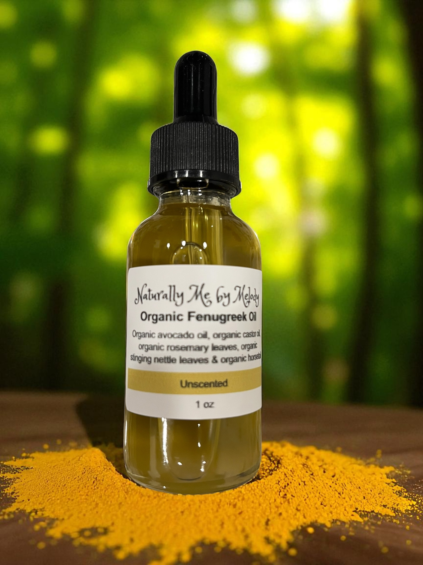 A bottle of Fenugreek Oil presented as part of the Naturally Me by Melody pre-order collection.