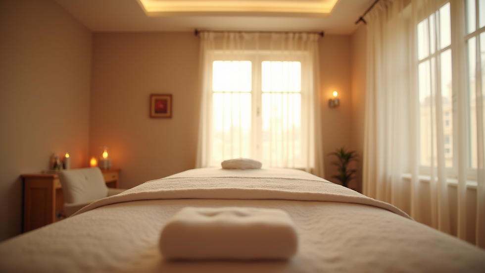 Eye-level view of a calm massage room with soft lighting and a massage table