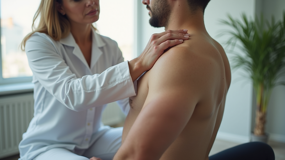 Close-up view of a therapist adjusting a patient’s posture during a physical therapy session