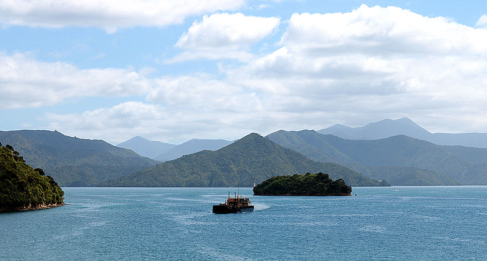 Leaving the South Island from Picton, Cook Strait on a sunny day