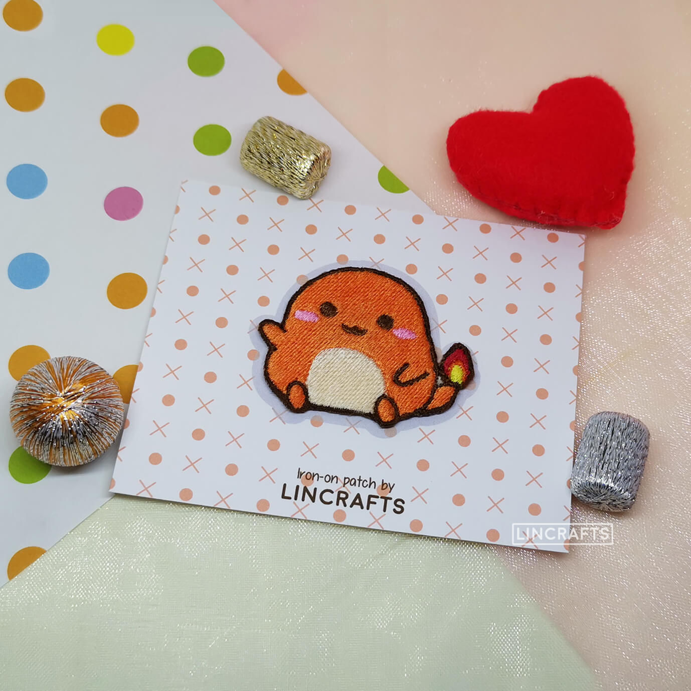 Charmander: Iron-on Embroidered Patch, Pin & Keychain