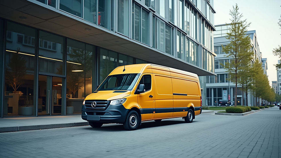 Eye-level view of a courier van parked outside a modern office building