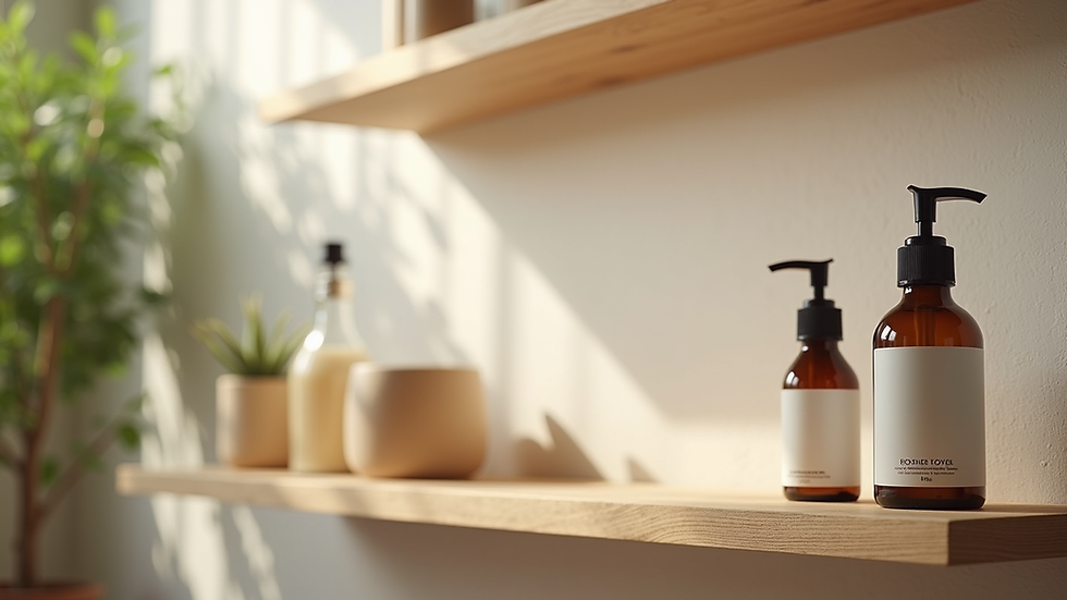 Eye-level view of a cozy bathroom shelf with natural skincare products arranged neatly