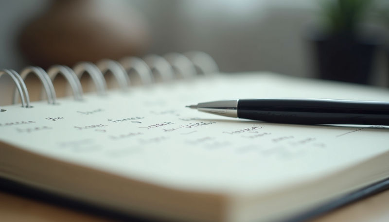 Close-up view of a notebook with handwritten notes and a pen