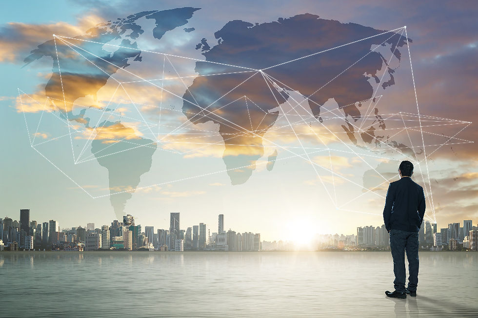 International business concept with businessman on city skyline background with network on