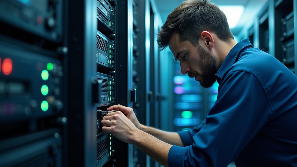 Close-up view of a technician working on a server rack