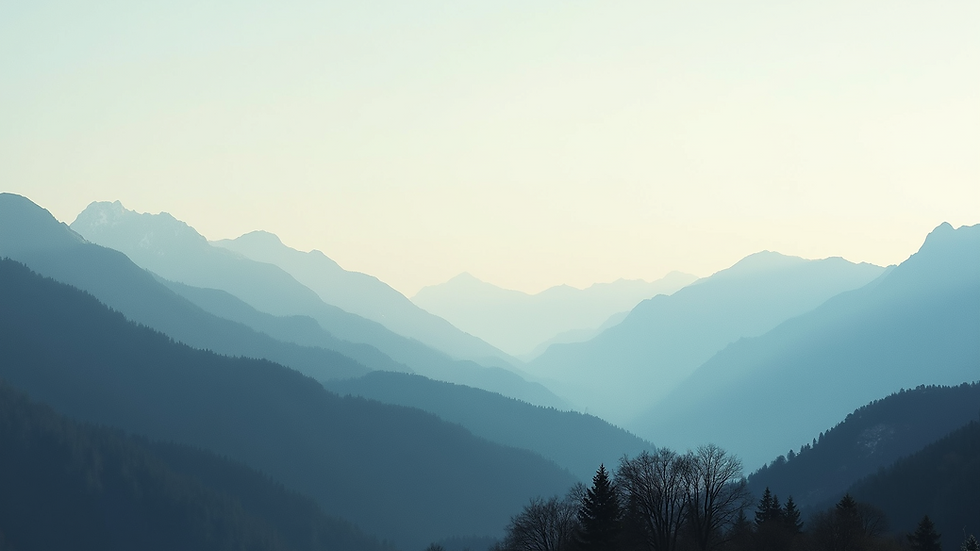 Wide angle view of a serene landscape with mountains and a clear sky
