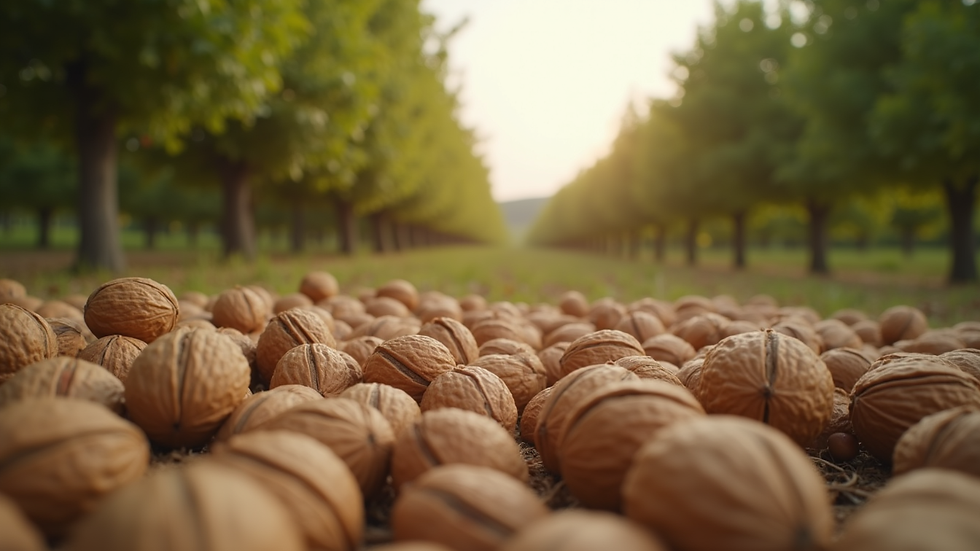 Eye-level view of a walnut farm with ripe walnuts ready for harvest