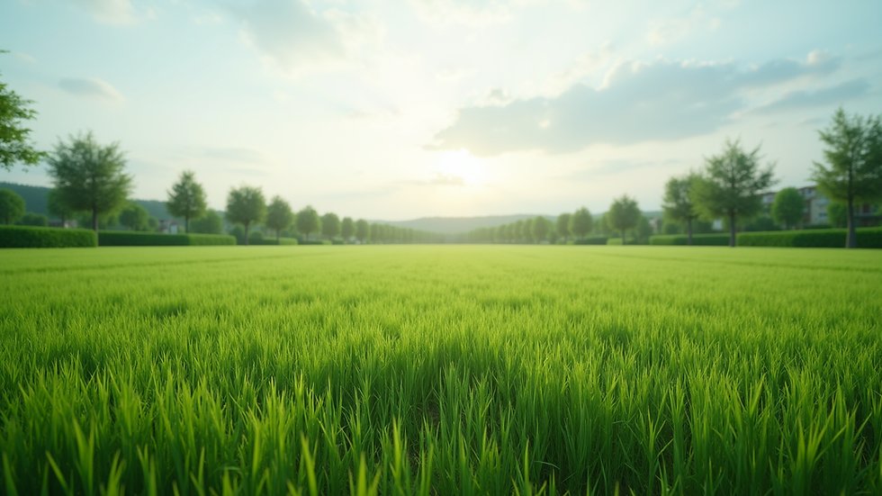 Wide angle view of a green plot of land suitable for villa construction