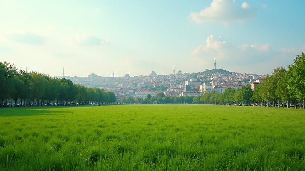 Wide angle view of a green land plot near Istanbul cityscape