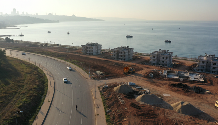 High-angle view of a shoreline road near developing land in Istanbul