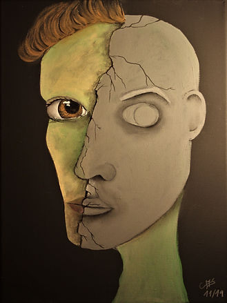 Christina Sanna Art_Face Art_Mann mit Steinmaske_Acryl auf Leinwand_30x40cm