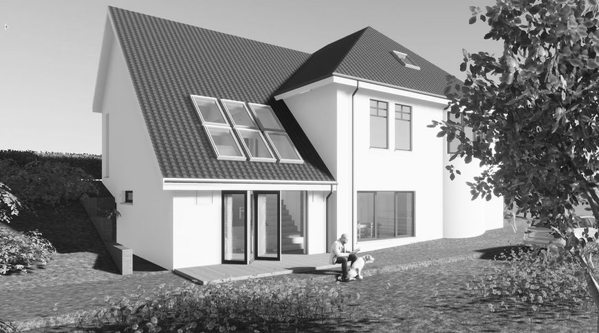 Split-level extension in Bathgate, West Lothian, using traditional roof forms and proportions to unite an existing bungalow with a converted basement, organised around a galleried living space that visually and physically connects the different floor levels