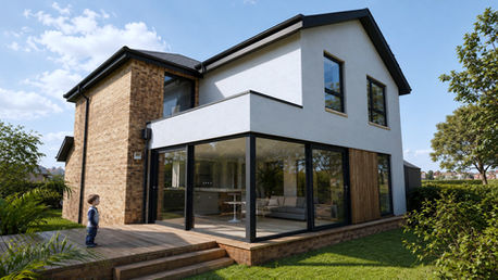 Modern reimagining of a home in Whitburn, West Lothian, featuring crisp rendered two-storey extension with composite weatherboard feature panel