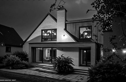 Remodelled existing house in Linlithgow, West Lothian, featuring a large projecting entrance canopy, reconfigured access, a contemporary side extension, and a cantilevered dormer that together unify the elevation and clearly express the new architectural intervention