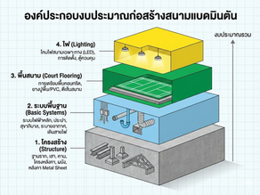 อินโฟกราฟิกแสดงองค์ประกอบงบประมาณการสร้างสนามแบดมินตันเชิงพาณิชย์ ประกอบด้วยโครงสร้างอาคาร ระบบพื้นฐาน พื้นสนาม และระบบไฟส่องสว่าง