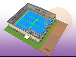 Layout สนามแบดมินตันจากการประเมินโครงการเชิงลึก แสดงจำนวนคอร์ด ผังอาคาร และพื้นที่จอดรถ