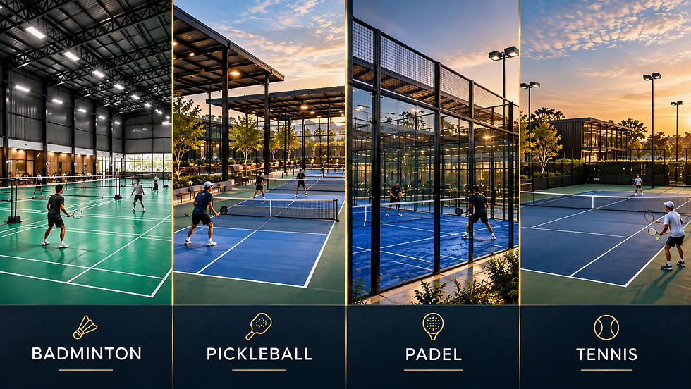 เปรียบเทียบ Badminton Pickleball Padel และ Tennis สำหรับการลงทุนสนามกีฬา