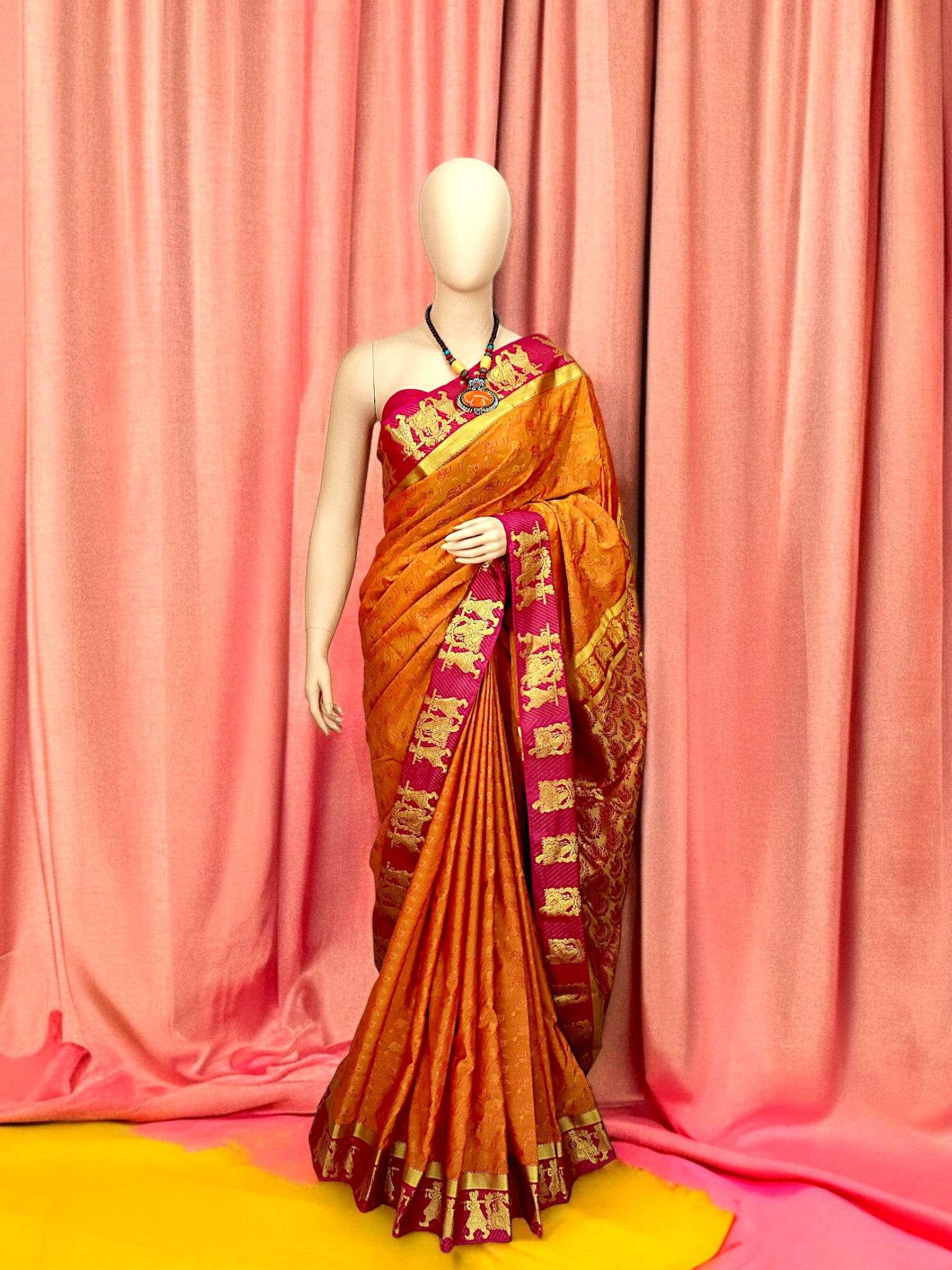Floral embossed silk saree, Mustard shade with unique Pallaki Border