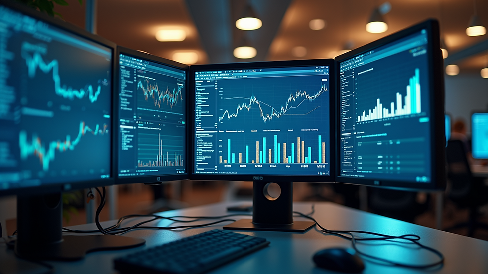 Eye-level view of a modern office workspace with multiple computer screens showing data analytics