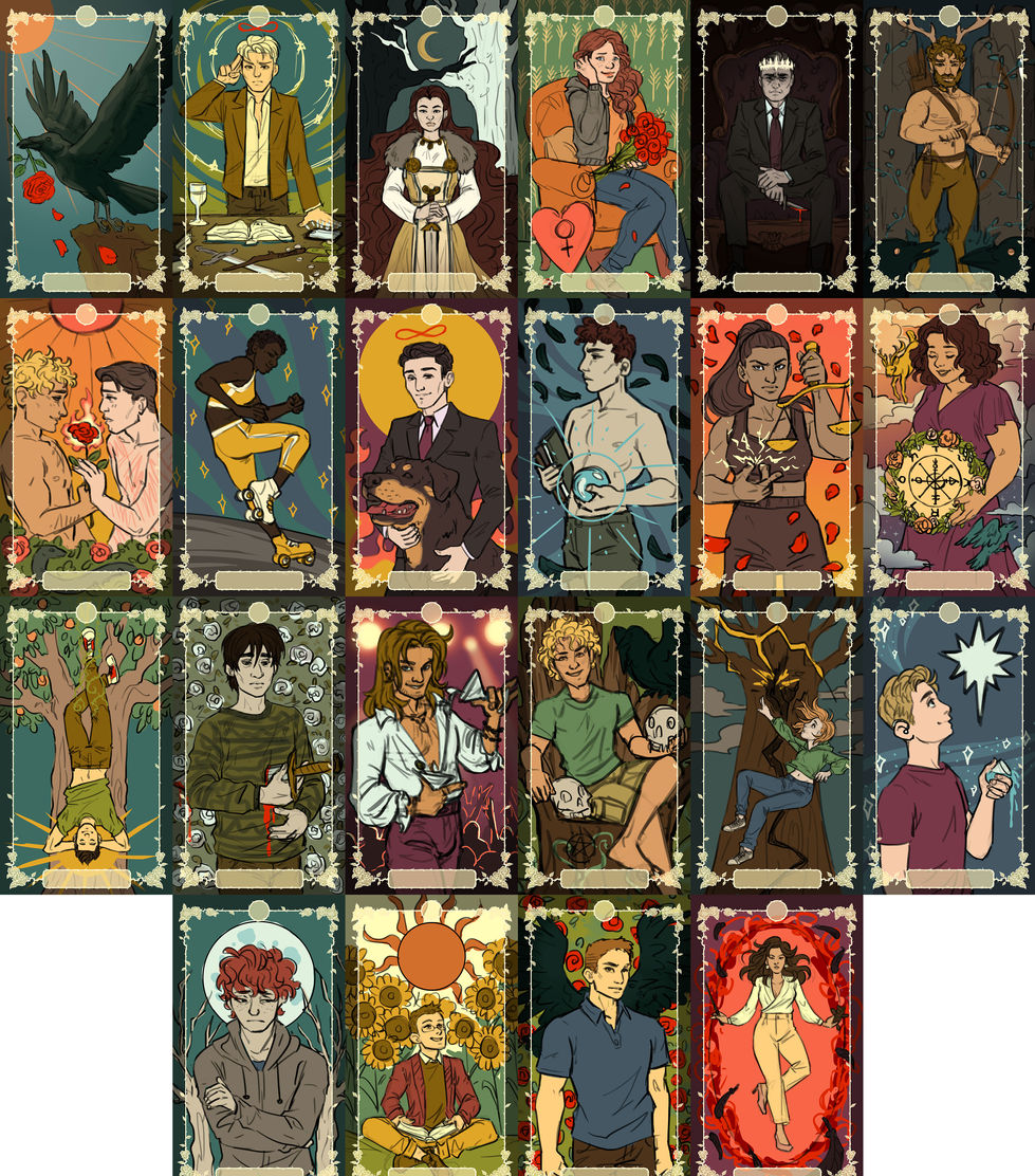 Studies for a tarot deck, depicting characters from the Inheritance Series by AK Faulkner. The sketches explore composition and color studies for the deck, to create a uniform color study. 
