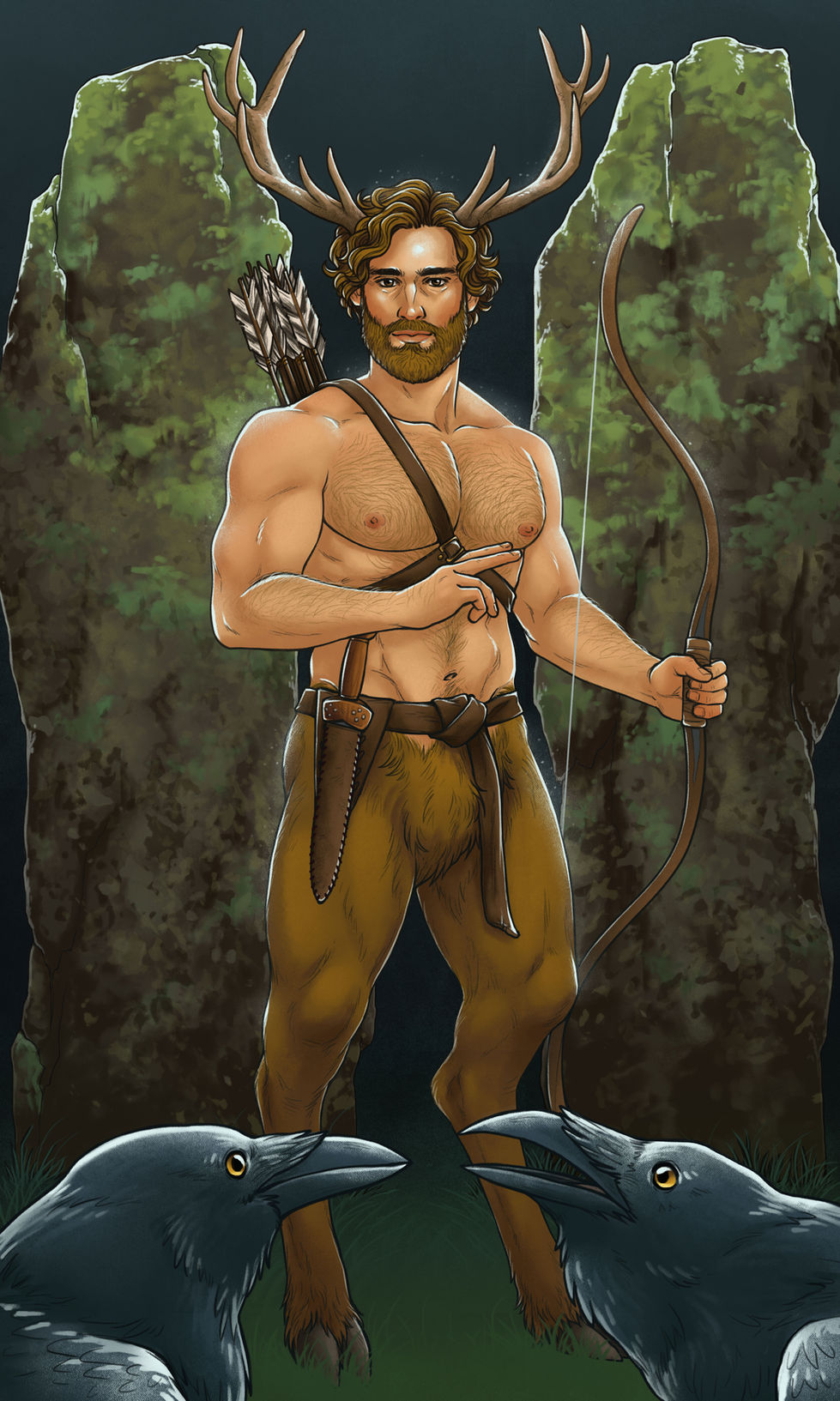 An illustration of Herne the Hunter, a character from AK Faulkner's Inheritance series, drawn as the Hierophant card. A muscular bare chested man with antlers and deer legs stands before two stone slabs covered with moss. He's holding a bow with a quiver of arrows over his shoulder. In the foreground are two ravens.