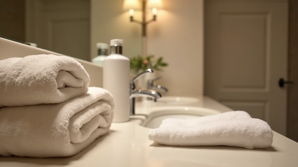 Eye-level view of a hotel bathroom with luxury toiletries and towels