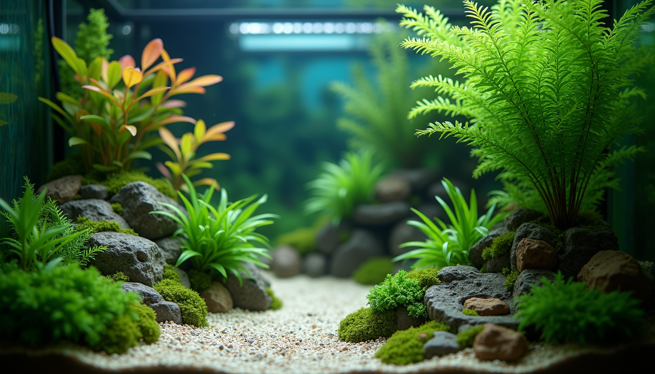 High angle view of a well-decorated aquarium with plants and hiding spots